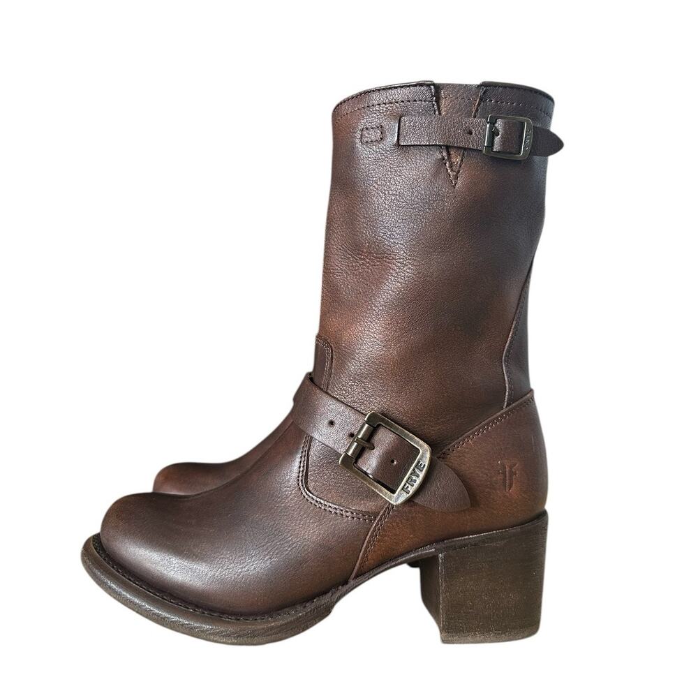 Frye Vera Engineer Moto  Brown Leather Round Toe Mid Calf Boots 6.5